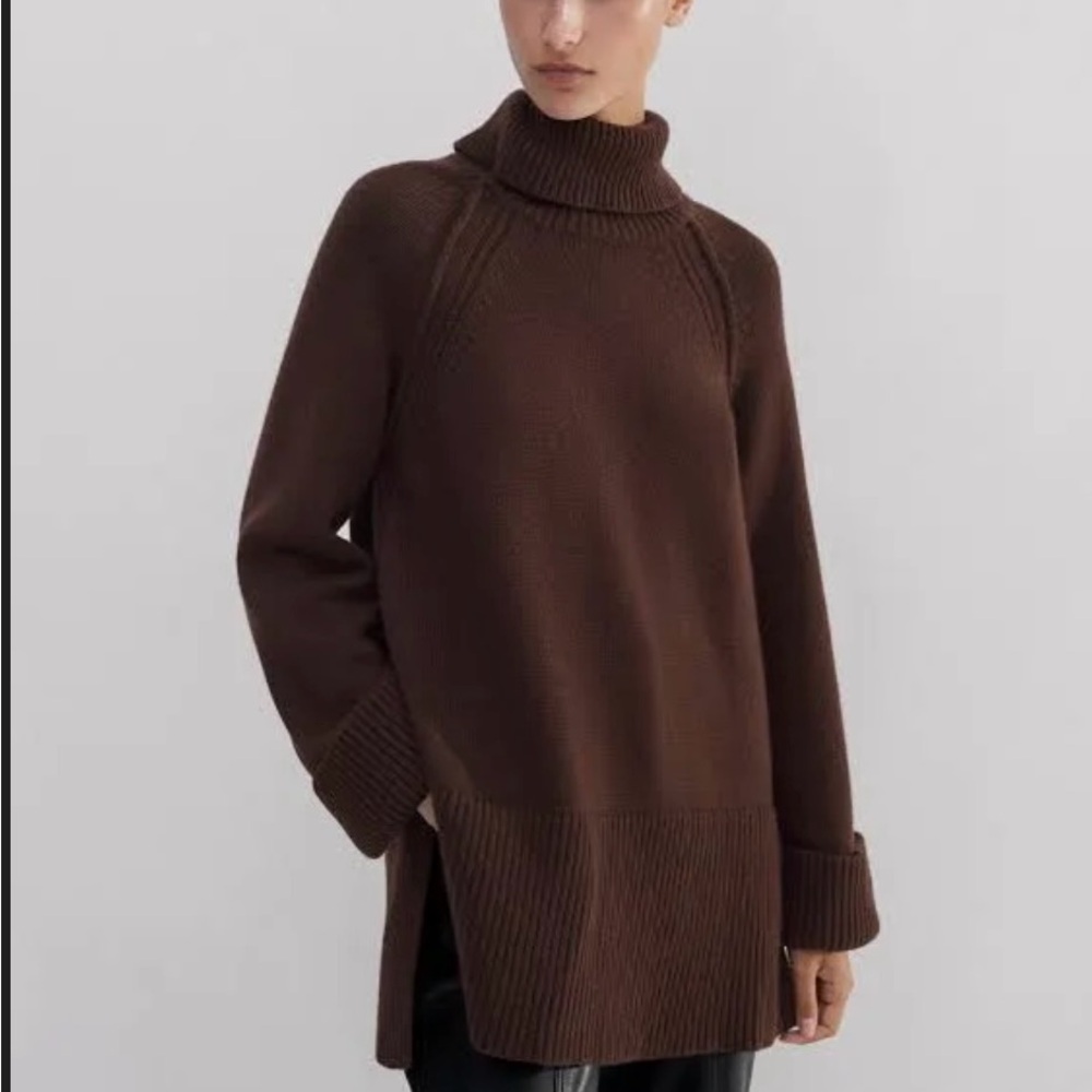ME+EM chocolate brown cashmere merino turtleneck oversized longline sweater